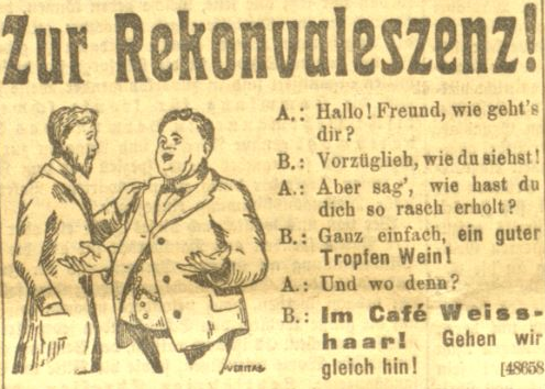 Annonce zur „Rekonvaleszenz“ mit einem Besuch im „Café Weisshaar“, welches vermutlich am Brühltor in der Stadt St.Gallen ansässig war, im St.Galler Tagblatt vom 7. Dezember 1918.